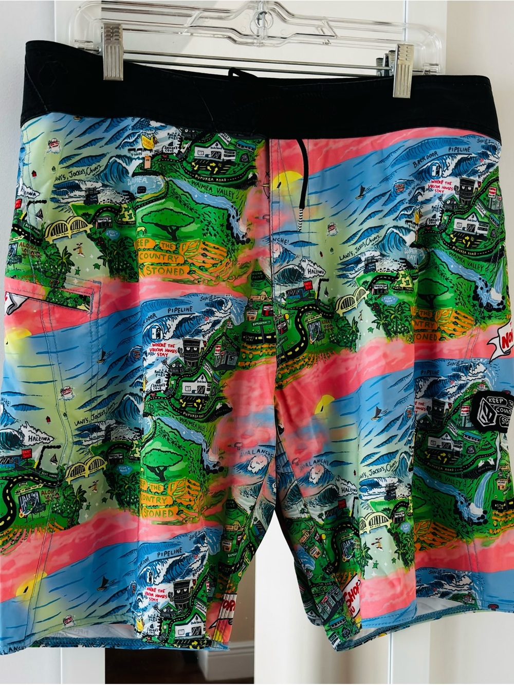 NWOT- Volcom Multicolor Map-Print Swim Board Shorts with Black Waistband